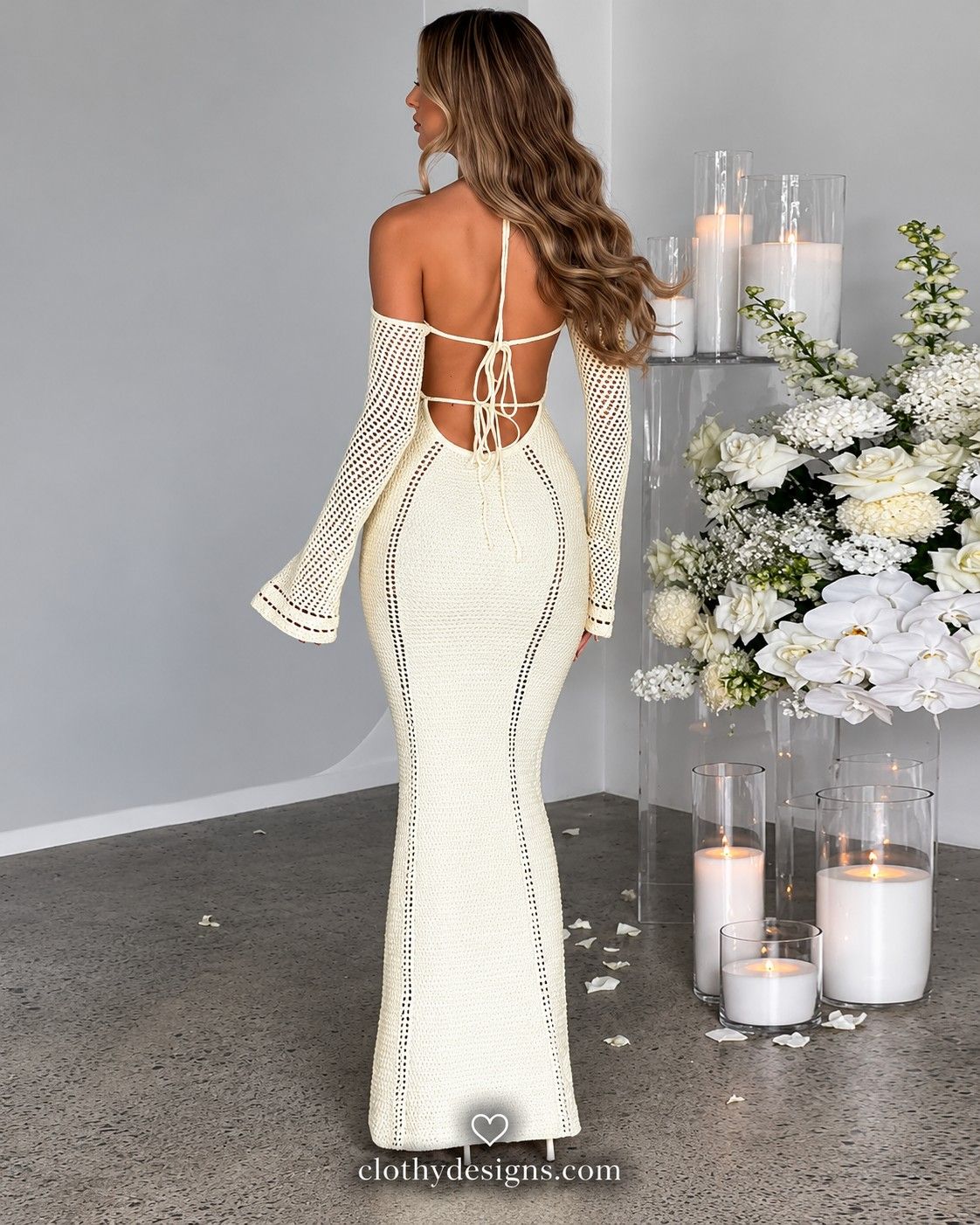 Elegant Sexy Backless Tie Front Maxi Dresses Vestido  title                Women's Off-Shoulder Halter Knit Maxi Dress – Long Sleeve Backless Tie-Front Elegant Evening Dress